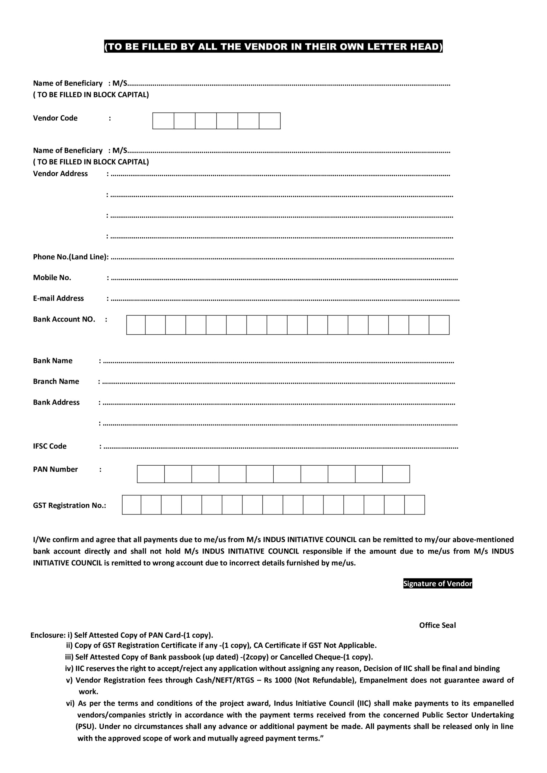 Vendor Tender Form Preview